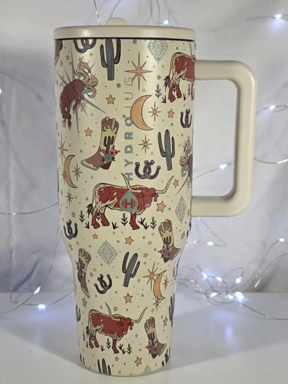 🧲🌵🐴HydroJug Cream Western Cowboy Print Travel Tumbler